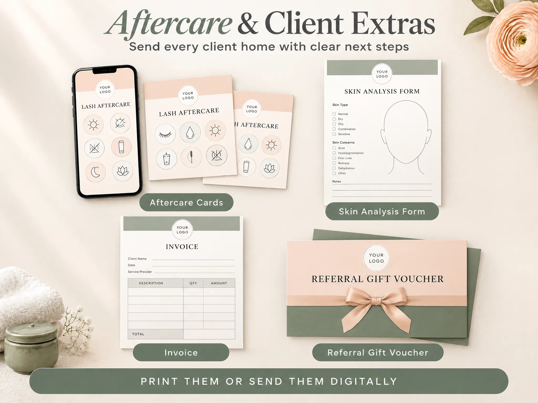 Esthetician Business Kit marketing mockup with an aftercare card and other listed extras
