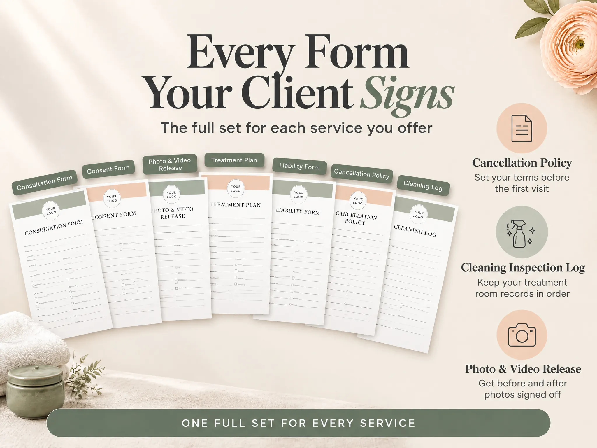 Esthetician Business Kit marketing mockup showing forms arranged as a service-by-service collection