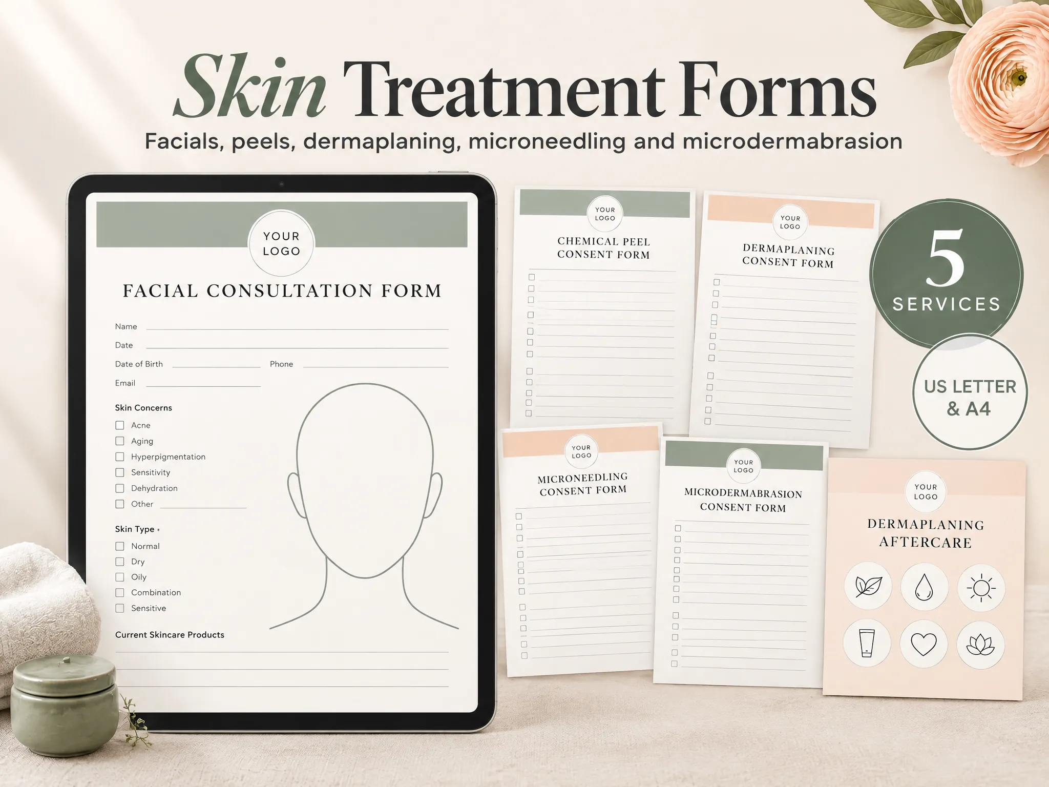 Esthetician Business Kit marketing mockup showing skin consultation and treatment consent form layouts