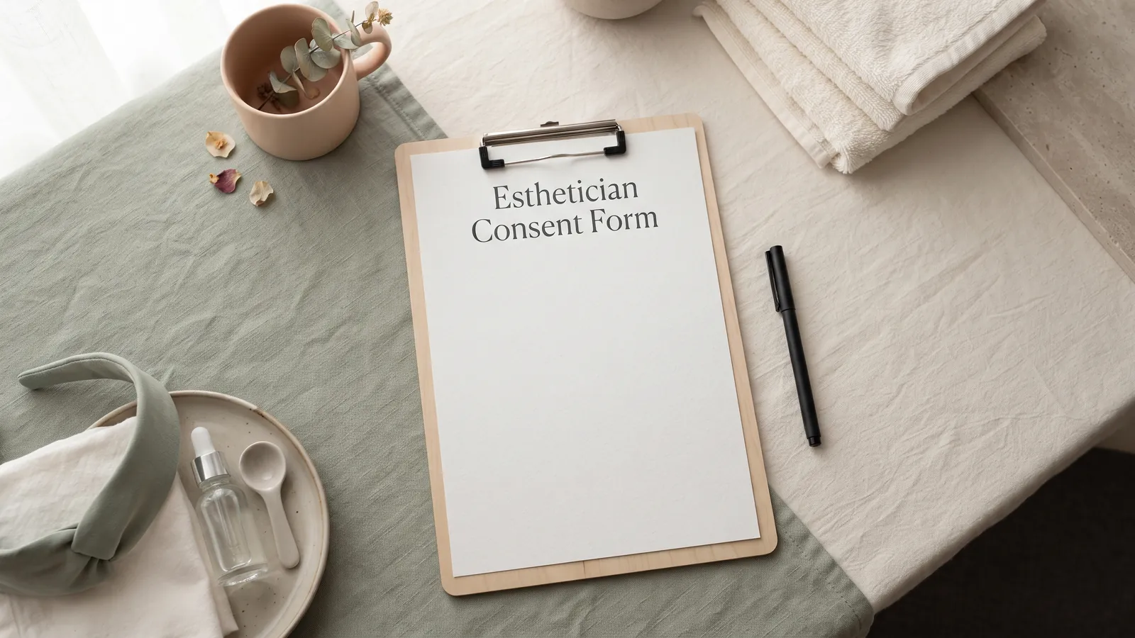 Illustrated esthetician consent form checklist with service, discussion, client choice, and dated record